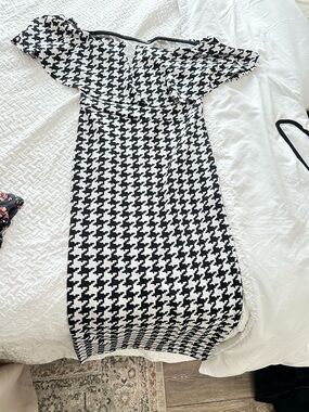 Black and White Houndstooth Off-Shoulder Dress